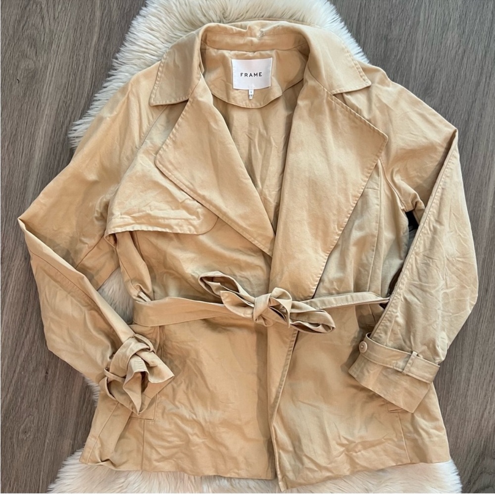 Frame Denim Cotton Linen Blended Cropped Trench Coat Wrapped Jacket